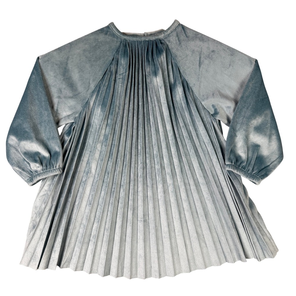 Hanna Andersson Toddler Girls Blue Pleated Velour Dress 3T 90cm Long Sleeve